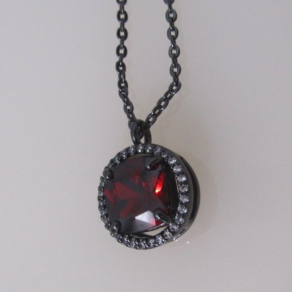 WHBM Red Cubic Zirconia Solitaire Necklace Halo Hematite - Picture 5 of 5